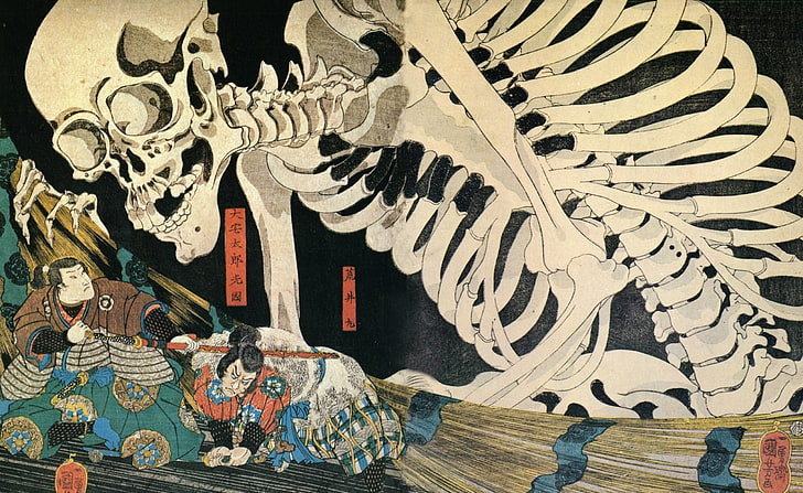 Japanese Samurai Art, skeleton and two men painting, Artistic