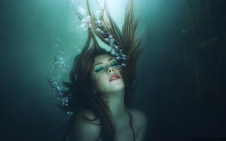 artwork, women, underwater, fantasy girl, fantasy art, bubbles