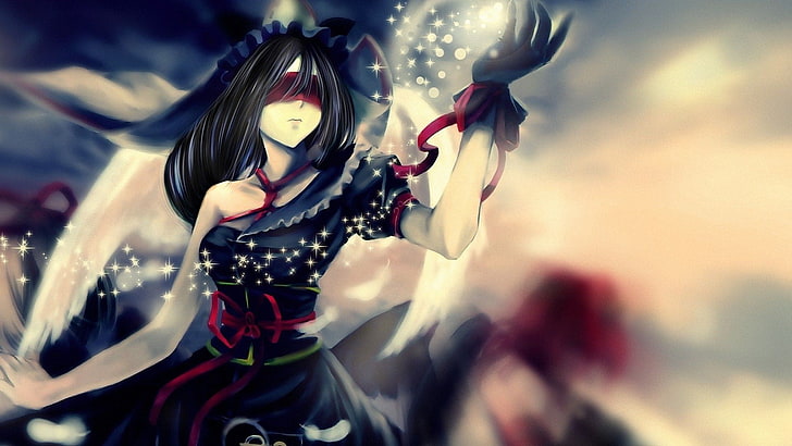 black haired anime character, angel, anime girls, blindfold, Themis, HD wallpaper
