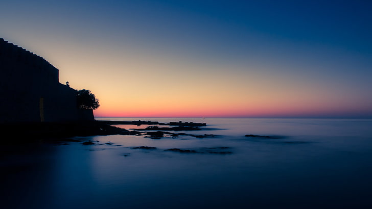 body of water, coast, sea, sunset, horizon, purple sky, dusk, HD wallpaper