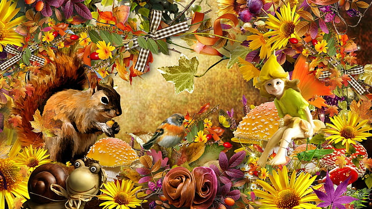 Fall Fun In The Garden, fairy, bows, orange, leaves, bird, whimsical, HD wallpaper
