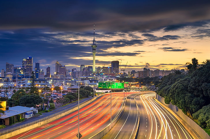 auckland, building, city, highway, new, road, skyscraper, time-lapse, HD wallpaper
