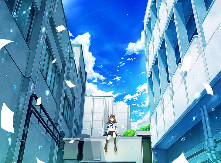 HD wallpaper: anime girl, school uniform, building, sky, clouds, landscape  | Wallpaper Flare
