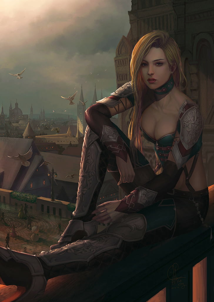 anime character woman sitting wallpaper, fantasy art, architecture