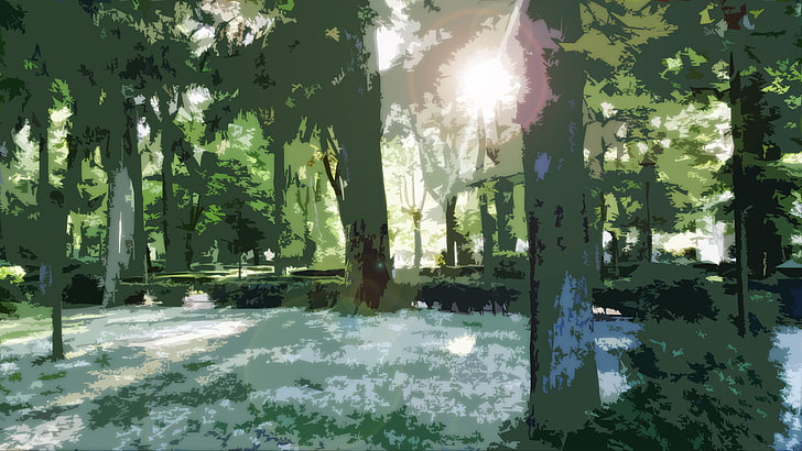 trees and sunrise painting, sun rays, park, landscape, nature
