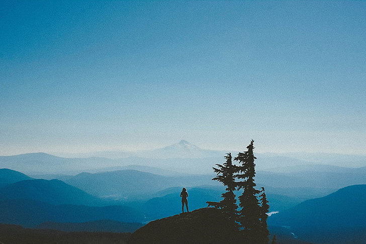 silhouette photo of person on mountain, mountains, blue, sky, HD wallpaper