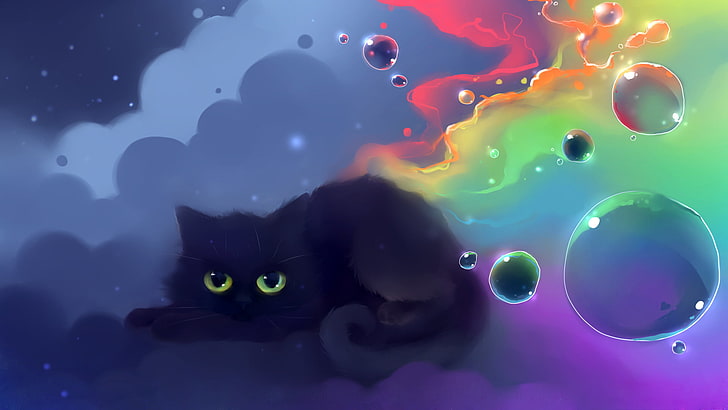 black cat illustration, color, balls, figure, nyan, artist apofiss, HD wallpaper