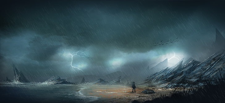 person near seashore and hills illustration, storm, apocalyptic