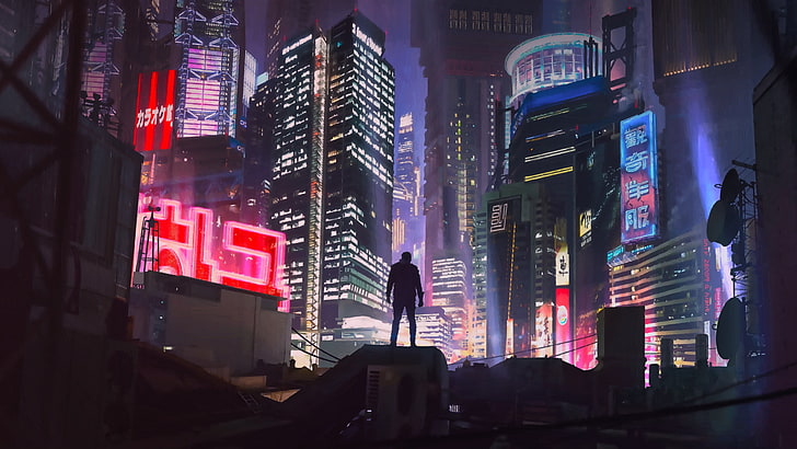 Night, The city, Future, Neon, People, Building, Art, Cyberpunk, HD wallpaper