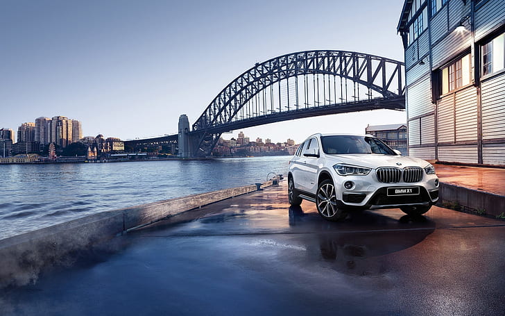 BMW X1 F48 white car, bridge, river, dusk