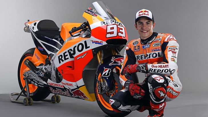 Marc Marquez, Repsol Honda, motorcycle, Moto GP, helmet, studio shot, HD wallpaper