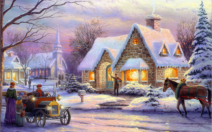 Christmas Village digital wallpaper, winter, machine, retro, people