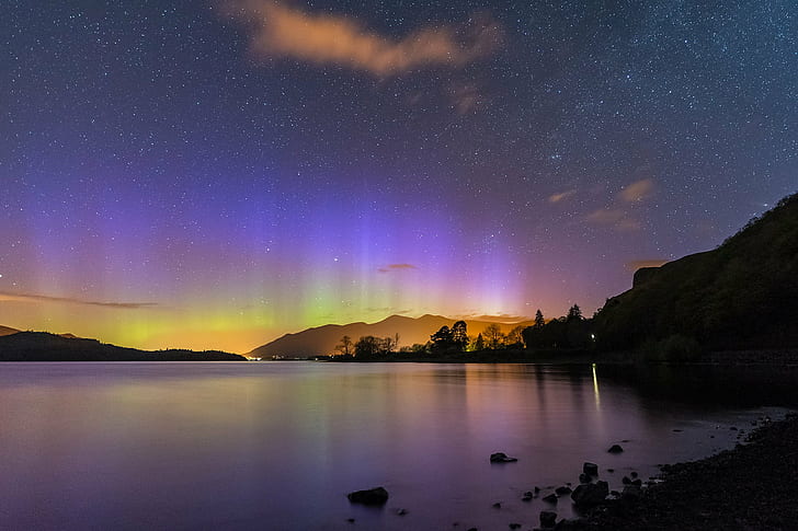 northern lights above body of water, Derwentwater, Lake District, HD wallpaper