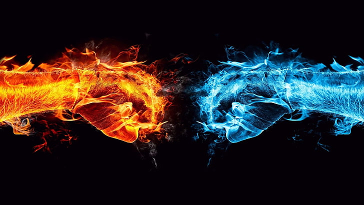 illustration of orange and blue flaming fists, fire, water, hands