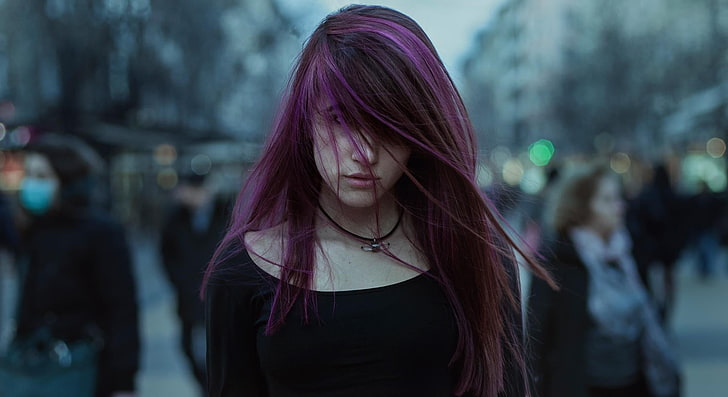 women, face, closeup, dyed hair, purple, one person, portrait