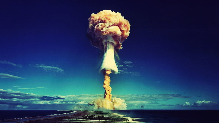 white rocket, sky, explosion, sea, Bikini Atoll, atomic bomb, HD wallpaper