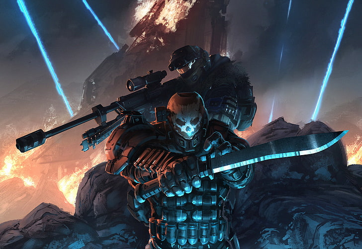 soldier digital wallpaper, knife, military, sniper rifle, Halo