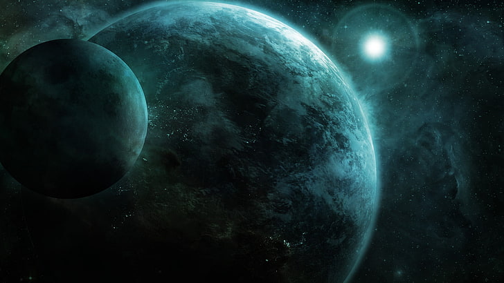 two round planets wallpaper, space, Moon, digital art, orbits