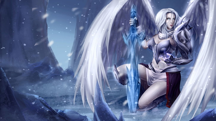angel holding blue sword illustration, fantasy art, wings, snow