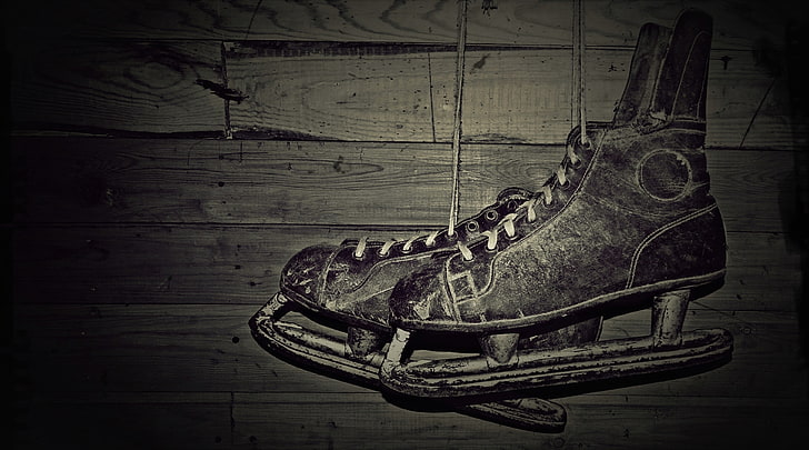old, old photos, ice skate, indoors, shoe, vignette, still life, HD wallpaper