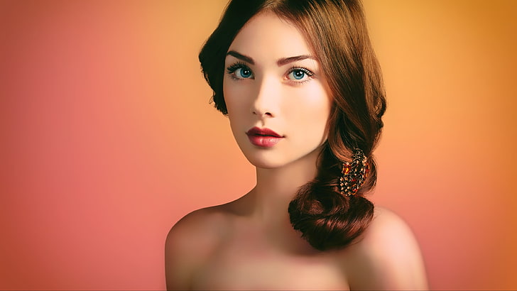 women, face, portrait, redhead, model, people, blue eyes, red lipstick, HD wallpaper