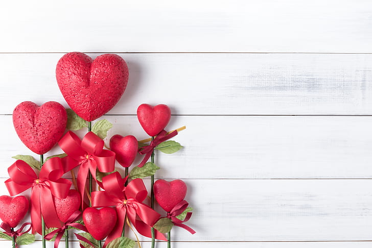 love, heart, hearts, red, bow, wood, romantic, valentine's day, HD wallpaper