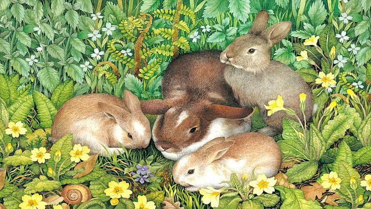 Spring Rabbits, primroses, bunnies, violets, flowers, painting, HD wallpaper