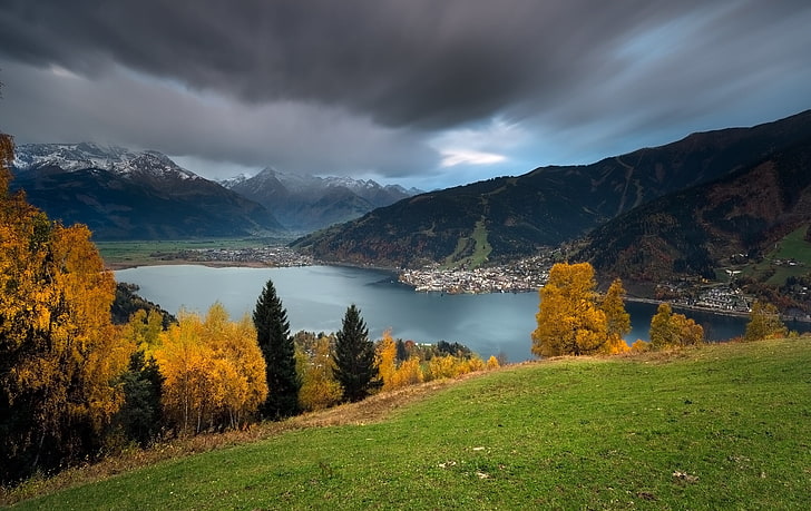 green grass, autumn, trees, mountains, lake, Austria, Alps, panorama