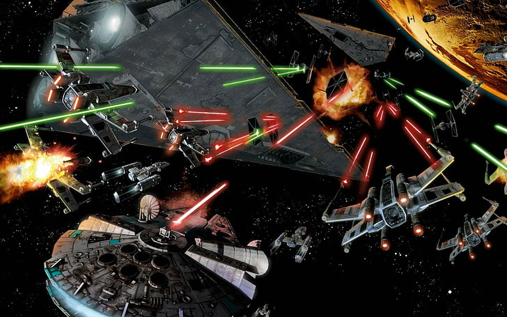 Star Wars movie still, Millennium Falcon, spaceship, battle, Star Destroyer, HD wallpaper