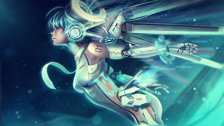 robot wallpaper, cyberpunk, futuristic, blue hair, underwater