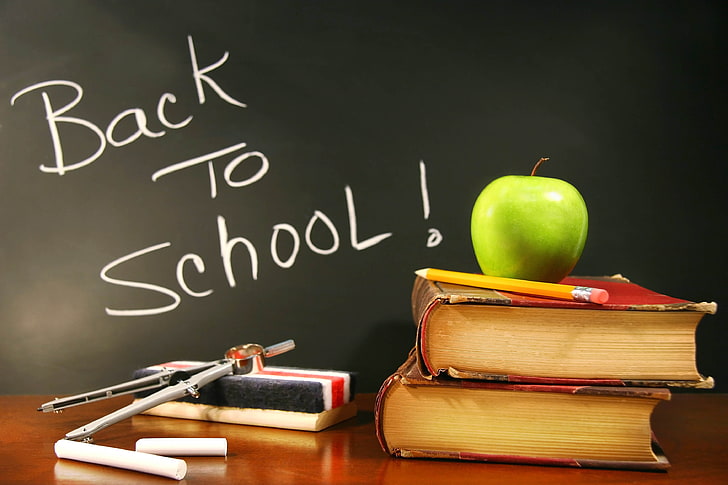 two red books and green apple, school, board, textbooks, chalk, HD wallpaper