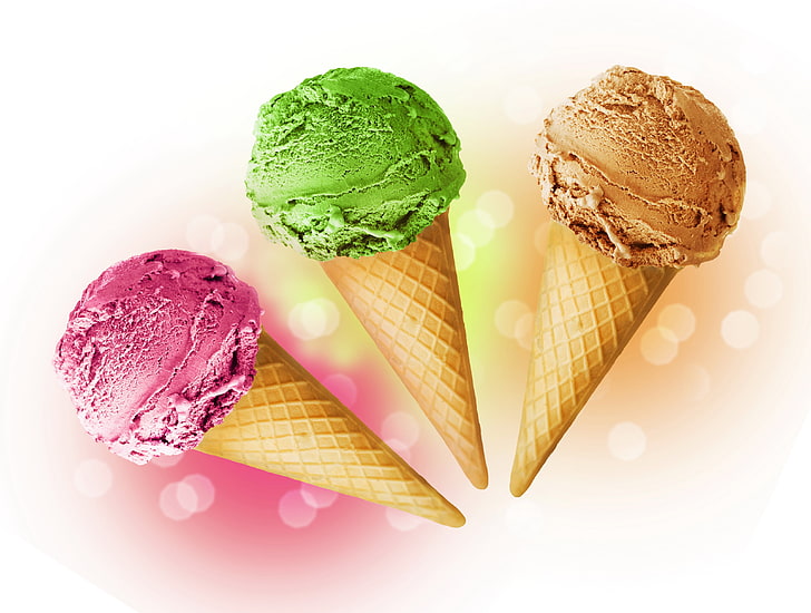 three coned ice creams wallpaper, tube, variety, dessert, food, HD wallpaper