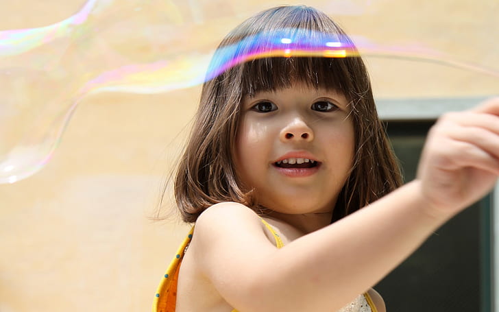 Cute girl play with soap bubbles, Children, HD wallpaper