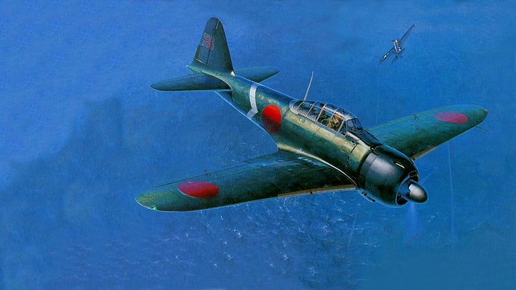 green fighter jet, Japan, World War II, Zero, Mitsubishi, airplane