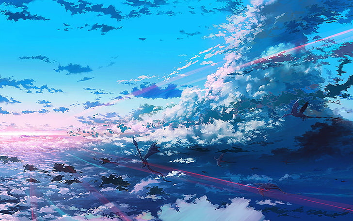two dragons flying digital wallpaper, fantasy art, sky, anime HD wallpaper