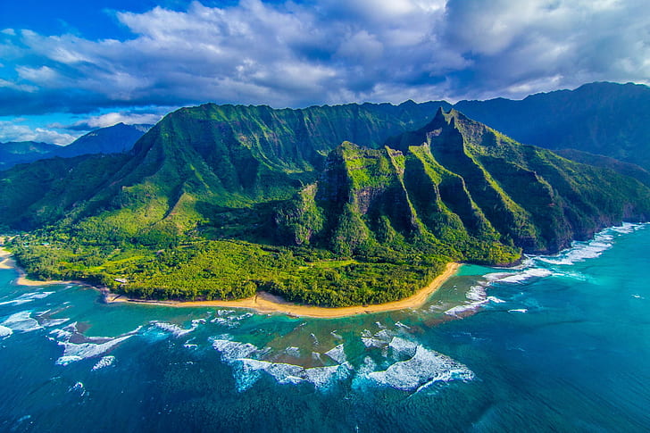 Island, Hawaii, green tropical island, Ocean, Nature, panorama, HD wallpaper