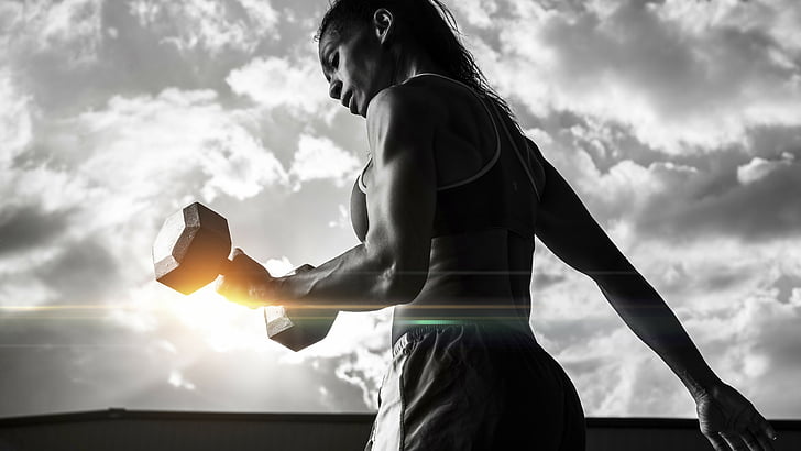 Grayscale photo of woman exercising using dumbbell, Girl, fitness