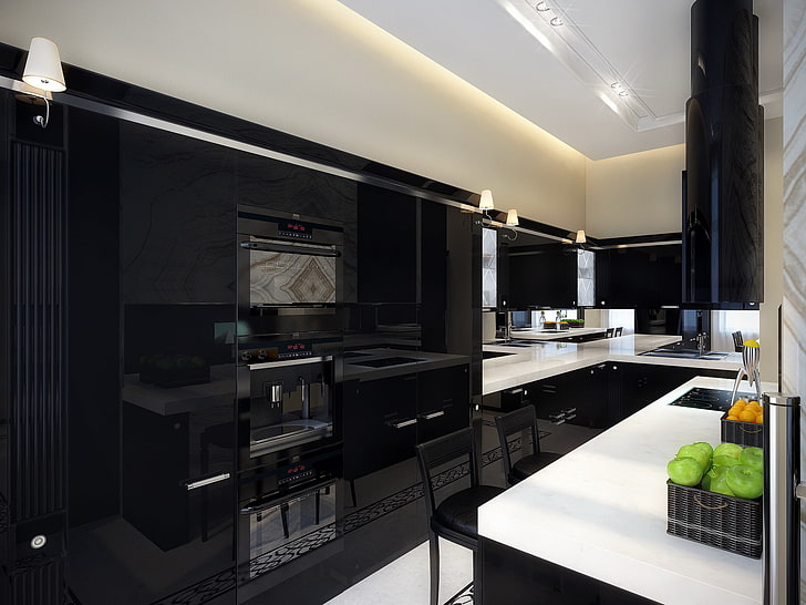 black-and-white kitchen, design, style, lamp, furniture, modern, HD wallpaper
