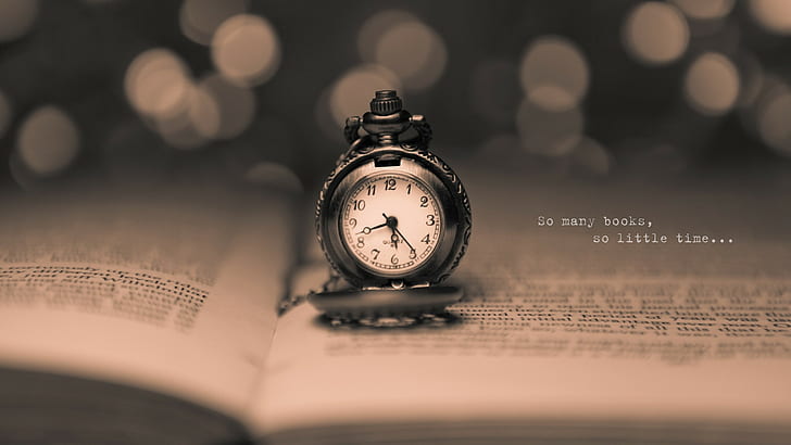 bokeh, pocket watch, quartz, numbers, text, books, time, quote, HD wallpaper