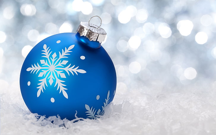 blue and white snowflake-printed bauble, New Year, Christmas ornaments, HD wallpaper