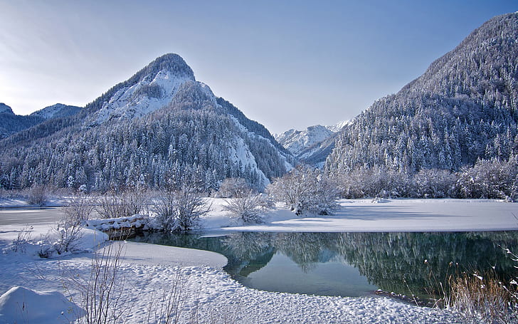 Winter, sky, mountains, forest, trees, lake, ice, snow