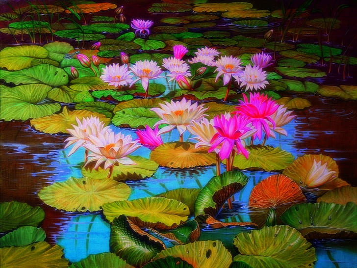 ?Dragonflies on Lotus?, drawings, nature, lotus-pads, traditional-art, HD wallpaper