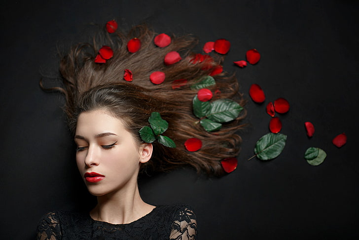 women, red lipstick, leaves, face, makeup, portrait, model, HD wallpaper
