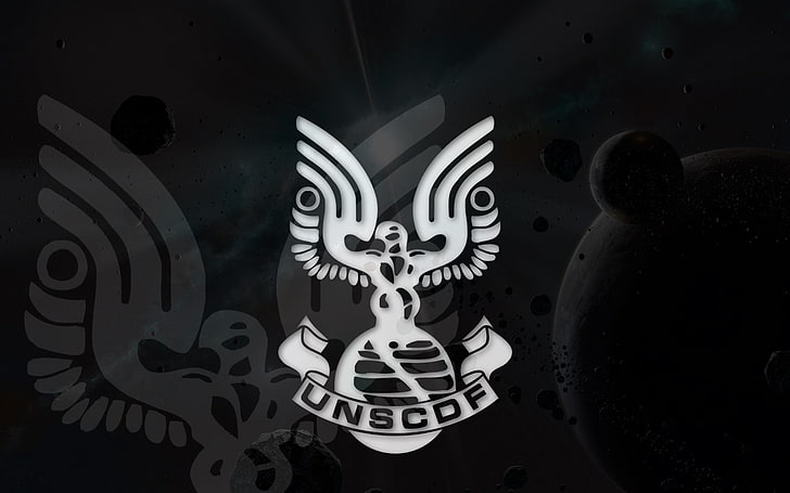 white UNSCDF logo, Halo, illustration, black Color, backgrounds, HD wallpaper