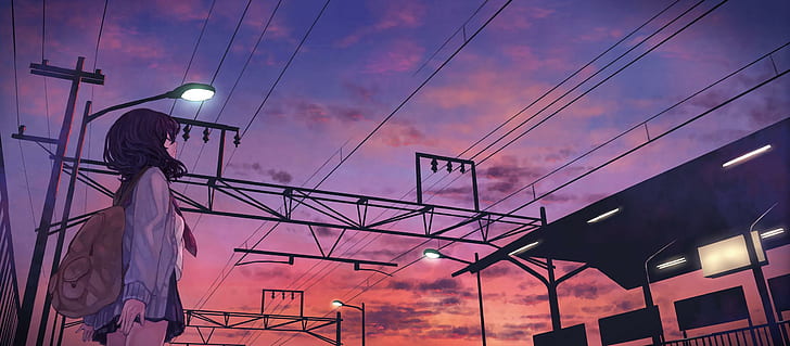 Train Station, Anime Girls, Sunset, Waiting, black haired woman anime character