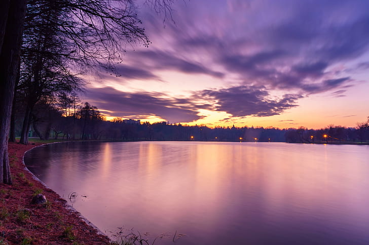 purple lake photo, clouds, tineretului  park, bucuresti, bucharest, HD wallpaper