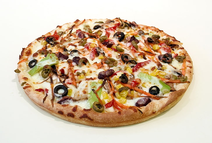 round pizza, olives, cheese, vegetables, food, tomato, dinner