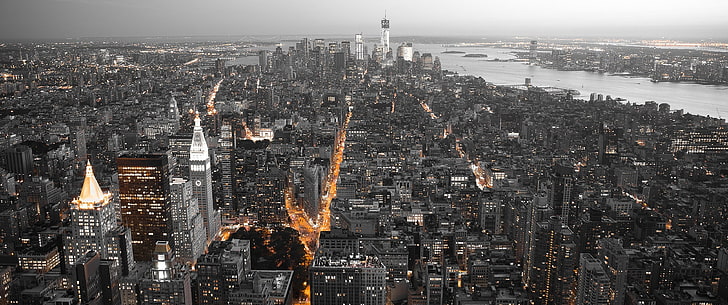 gray city buildings, New York City, selective coloring, lights, HD wallpaper