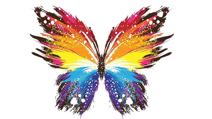 multicolored butterfly, colorful, artwork, paint splatter, white background, HD wallpaper