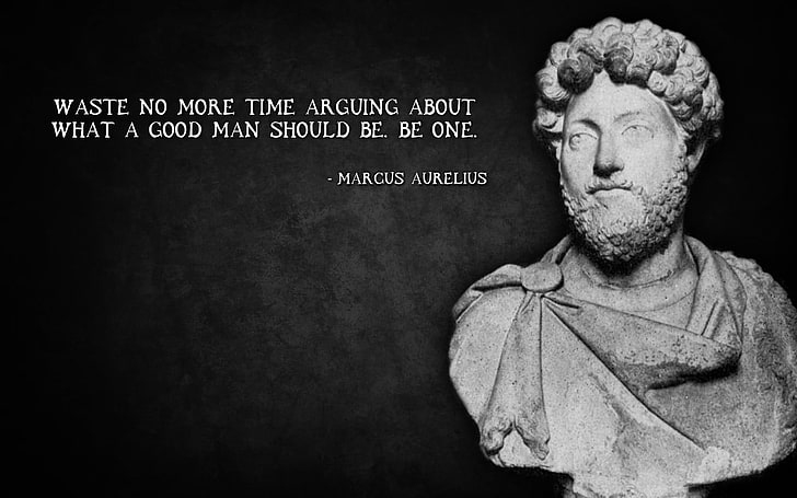 Marcus Aurelius head bust with text overlay, quote, western script